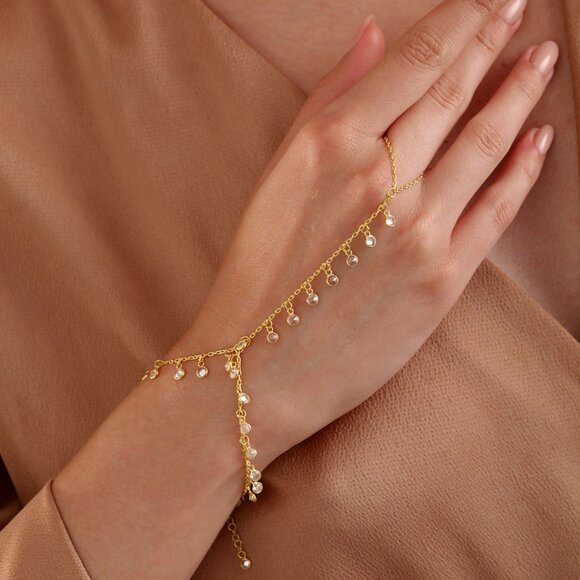 14K Gold Plated Slave Bracelet-Minimalist Hand Chain Bracelet-925 Sterling Silve - Picture 3 of 4